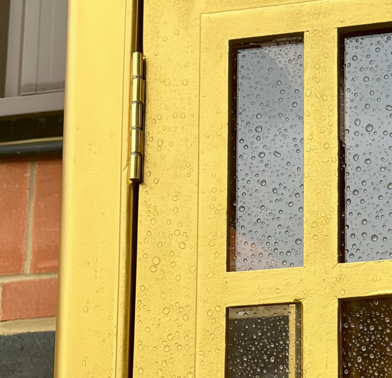 Gold door with glass panels and water droplets on a brick wall background