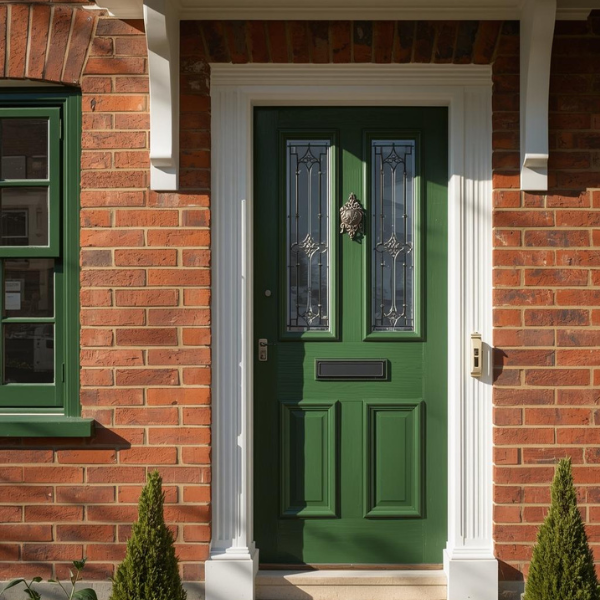 Green door with decorative glass panels on a brick wall