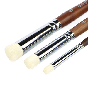 
                      
                        Three dry brush brushes with wooden handles and white bristle heads on a white background
                      
                    