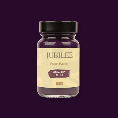 Jar of Jubilee Fine Paint in Heraldic Plum on a dark purple background