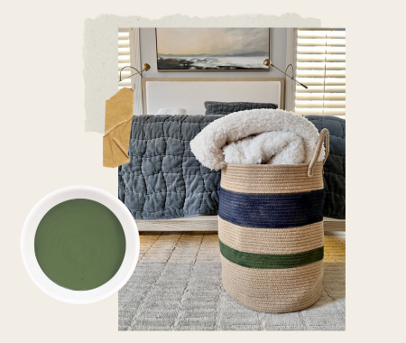 Striped woven basket with a blanket on a couch, with a colour swatch of green.