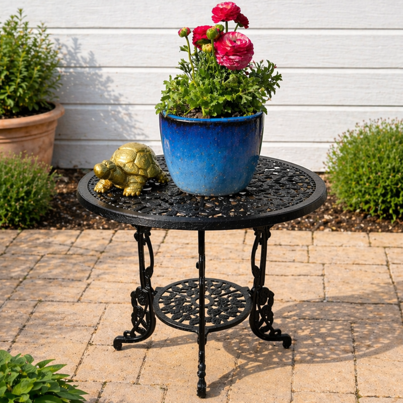 Small black metal table with a blue pot of flowers and a turtle figurine on a patio.