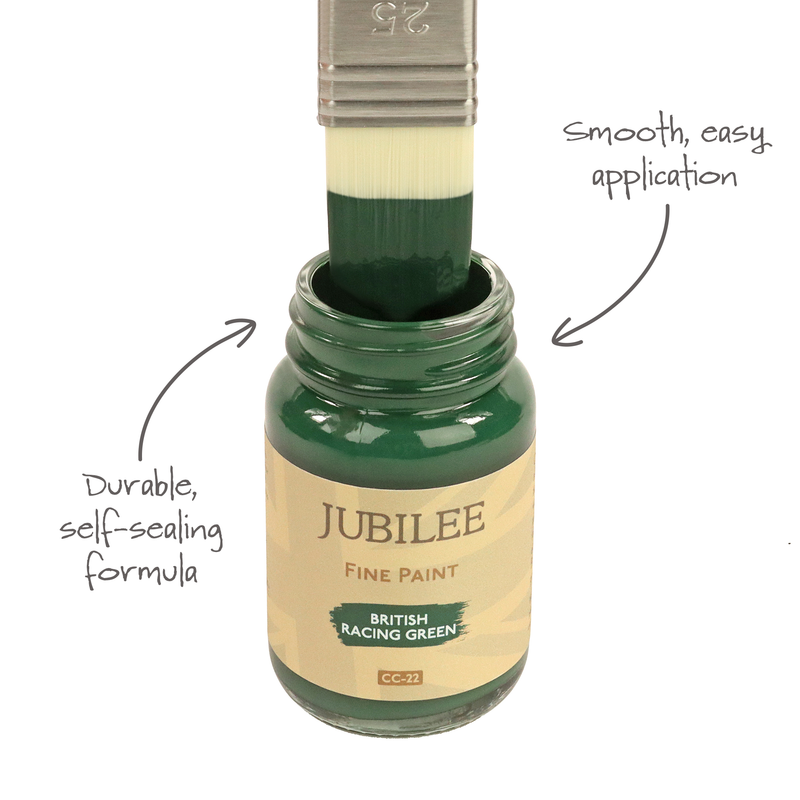 Jubilee Fine Paint jar with a brush dipping into green paint, labeled 'Durable, self-scaling formula' and 'Smooth, easy application'.