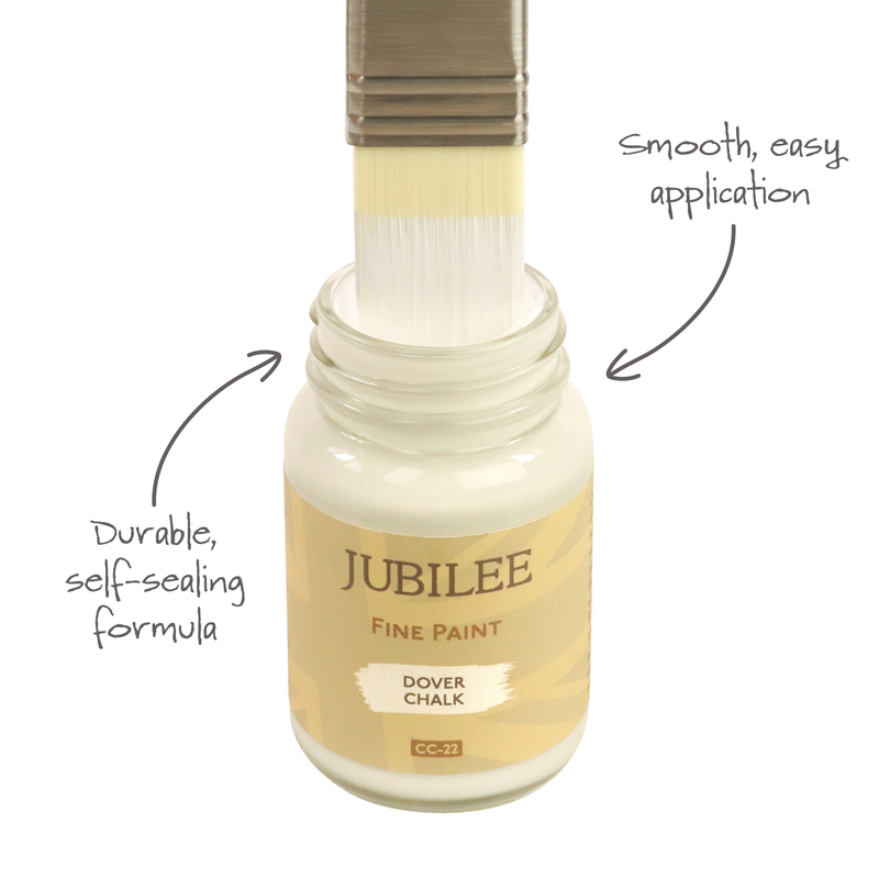 Jubilee Fine Paint bottle with brush applying paint, labeled 'Dover Chalk'.
