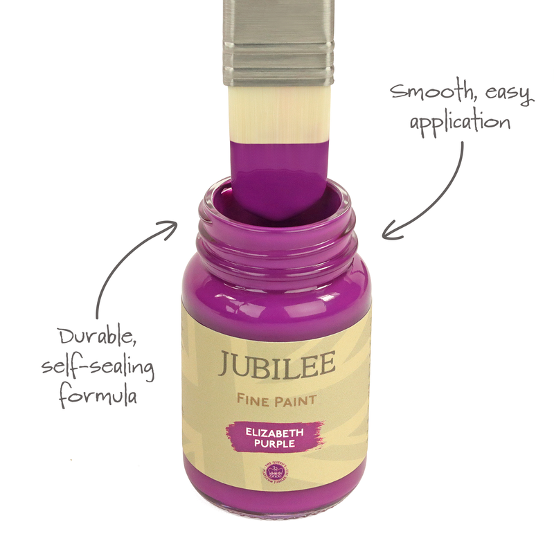 Jubilee Fine Paint bottle with a brush dipping into purple paint, labeled 'Elizabeth Purple'.