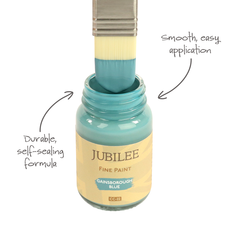 Jubilee Fine Paint jar with a brush dipping into it, labeled 'Durable, self-scaling formula' and 'Smooth, easy application'.