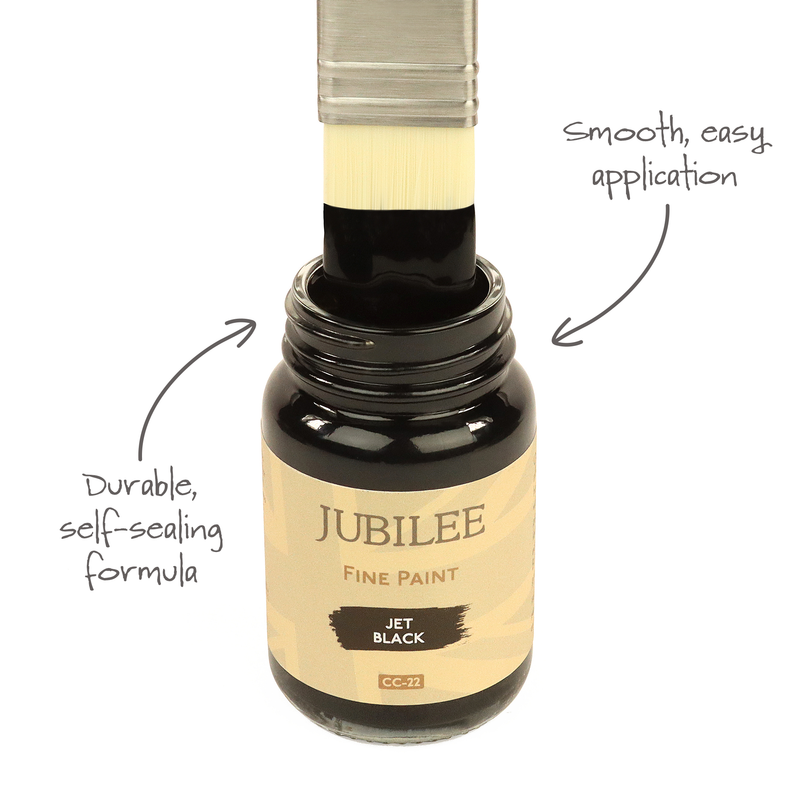 Bottle of Jubilee Fine Paint with text highlighting features on a white background