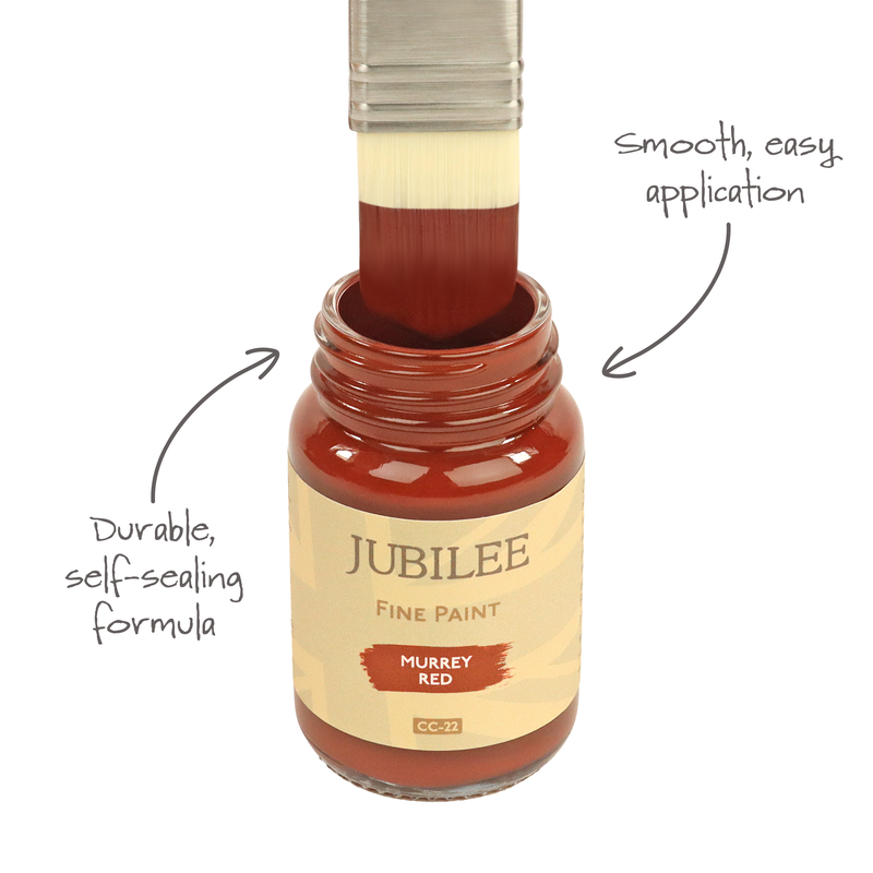 Bottle of Jubilee Fine Paint with a brush dipping into the paint, labeled 'Murrey Red'.