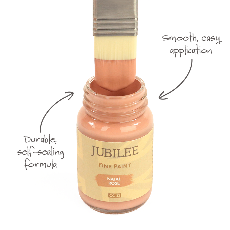 Jubilee Fine Paint Natal Rose Pink bottle with a brush applying paint, labelled 'Natal Rose'.