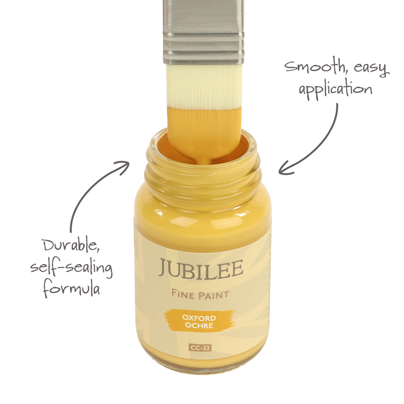 Bottle of Jubilee Fine Paint with a brush applying paint, labeled 'Durable, self-scaling formula' and 'Smooth, easy application'.