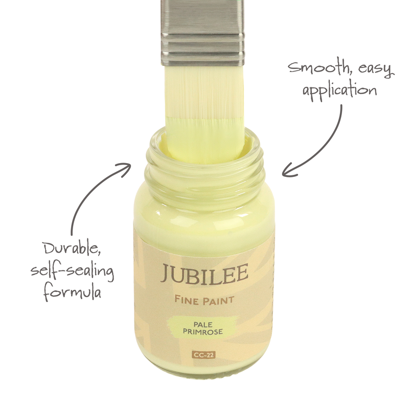 Jubilee Fine Paint bottle with brush applying paint, labeled for smooth application and durable formula.