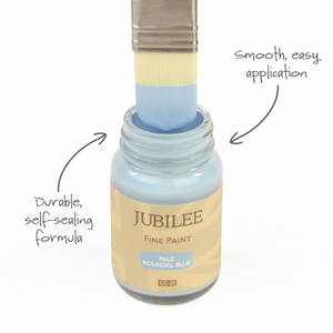 
                      
                        Jubilee Fine Paint jar with a brush dipping into it, labelled 'Durable, self-scaling formula' and 'Smooth, easy application'.
                      
                    