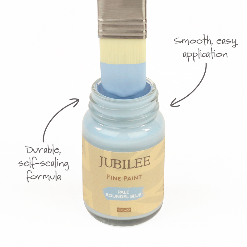 Jubilee Fine Paint jar with a brush dipping into it, labelled 'Durable, self-scaling formula' and 'Smooth, easy application'.