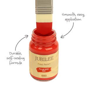 
                      
                        Bottle of Jubilee Fine Paint with a brush dipping into red paint, labeled 'Durable, self-scaling formula' and 'Smooth, easy application'.
                      
                    