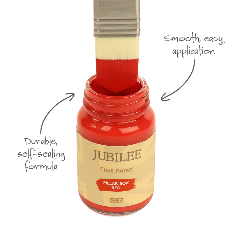 Bottle of Jubilee Fine Paint with a brush dipping into red paint, labeled 'Durable, self-scaling formula' and 'Smooth, easy application'.