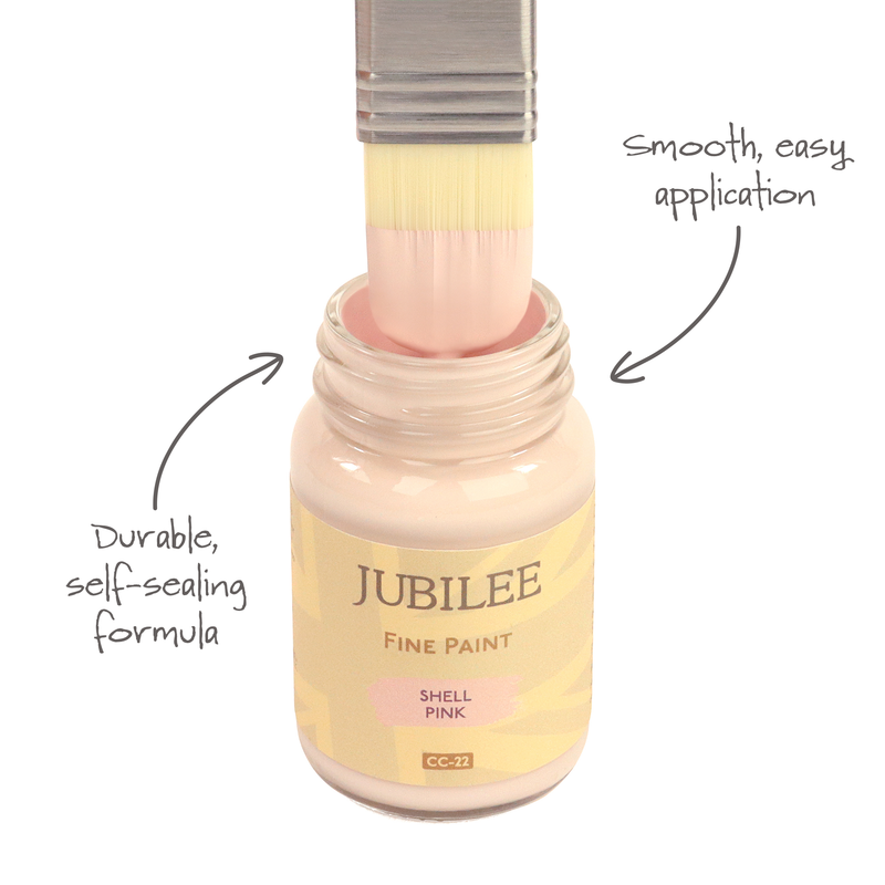 Jubilee Fine Paint bottle with a brush applying paint, labeled for smooth application and durable formula.