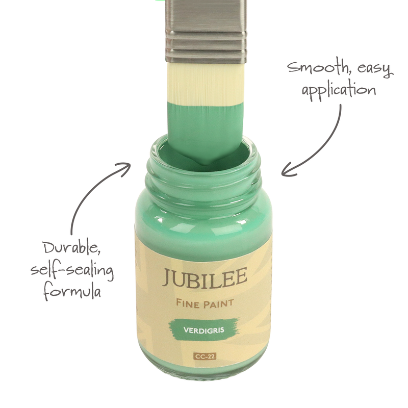 Bottle of Jubilee Fine Paint with a brush dipping into it, labeled 'Durable, self-scaling formula' and 'Smooth, easy application'.