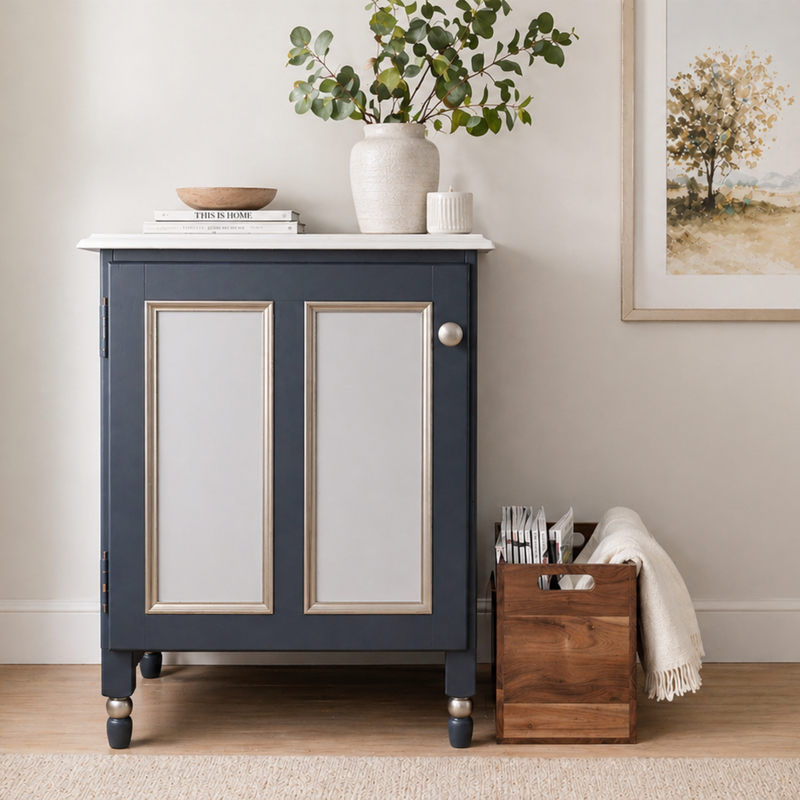 Navy cabinet with white doors in a room setting with decor items.