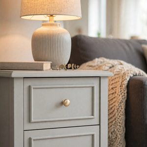 
                      
                        A light gray two-drawer nightstand in a cozy living room setting, styled with a cream ribbed ceramic table lamp, a book, and a knitted throw blanket draped over a dark gray sofa in the background.
                      
                    