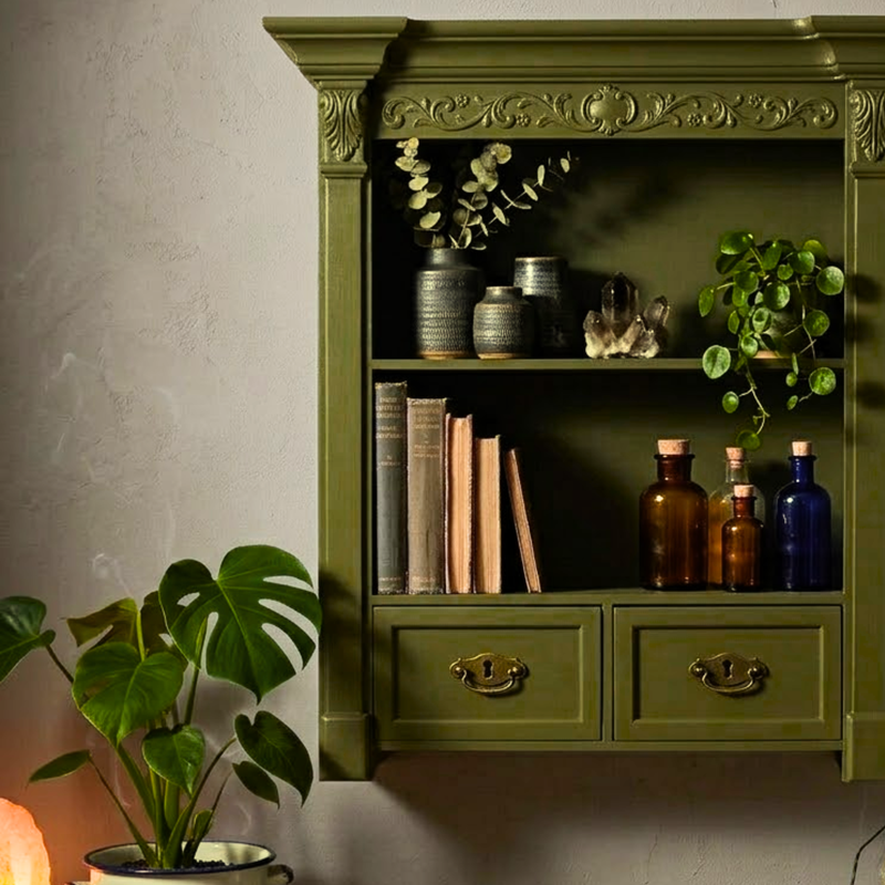 Light bronze green painted cabinet with old books and plants around it