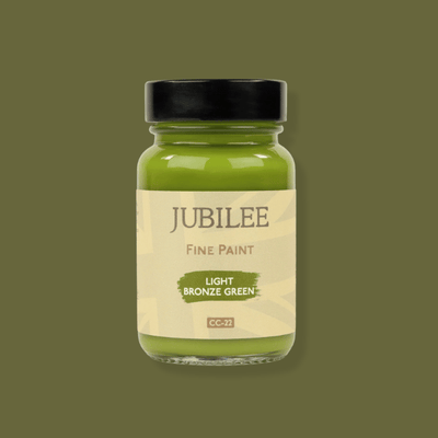 Jubilee Fine Paint jar labeled 'Licht Bronze Green' on a matching green background