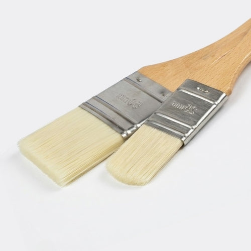 Two wooden-handled paint brushes with silver metal ferrules and cream-colored bristles, shown on a clean white background.