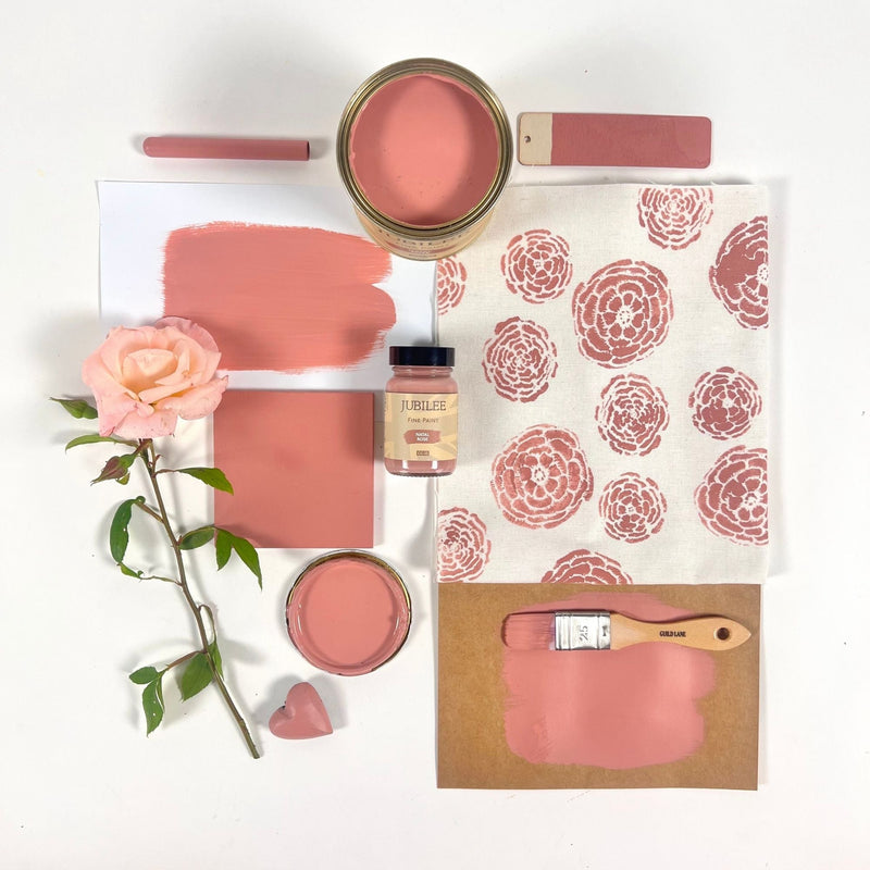 Natal Rose Jubilee Fine Furniture Paint collage of creative materials in a flat lay around a paint can