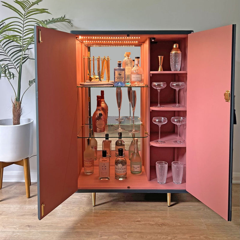 Natal Rose Pink, painted on a cocktail cabinet in art-deco style luxe