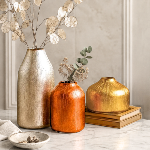 Three metallic ceramic vases in textured gold, copper-orange, and champagne-gold finishes arranged on a marble surface with dried botanicals and decorative books.