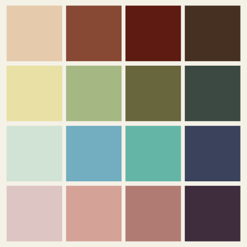 A 4x4 grid of solid colour swatches in muted earthy and pastel tones, including beige, terracotta, burgundy, brown, pale yellow, sage green, olive green, dark green, mint, blue, teal, navy, blush pink, dusty pink, mauve, and plum.