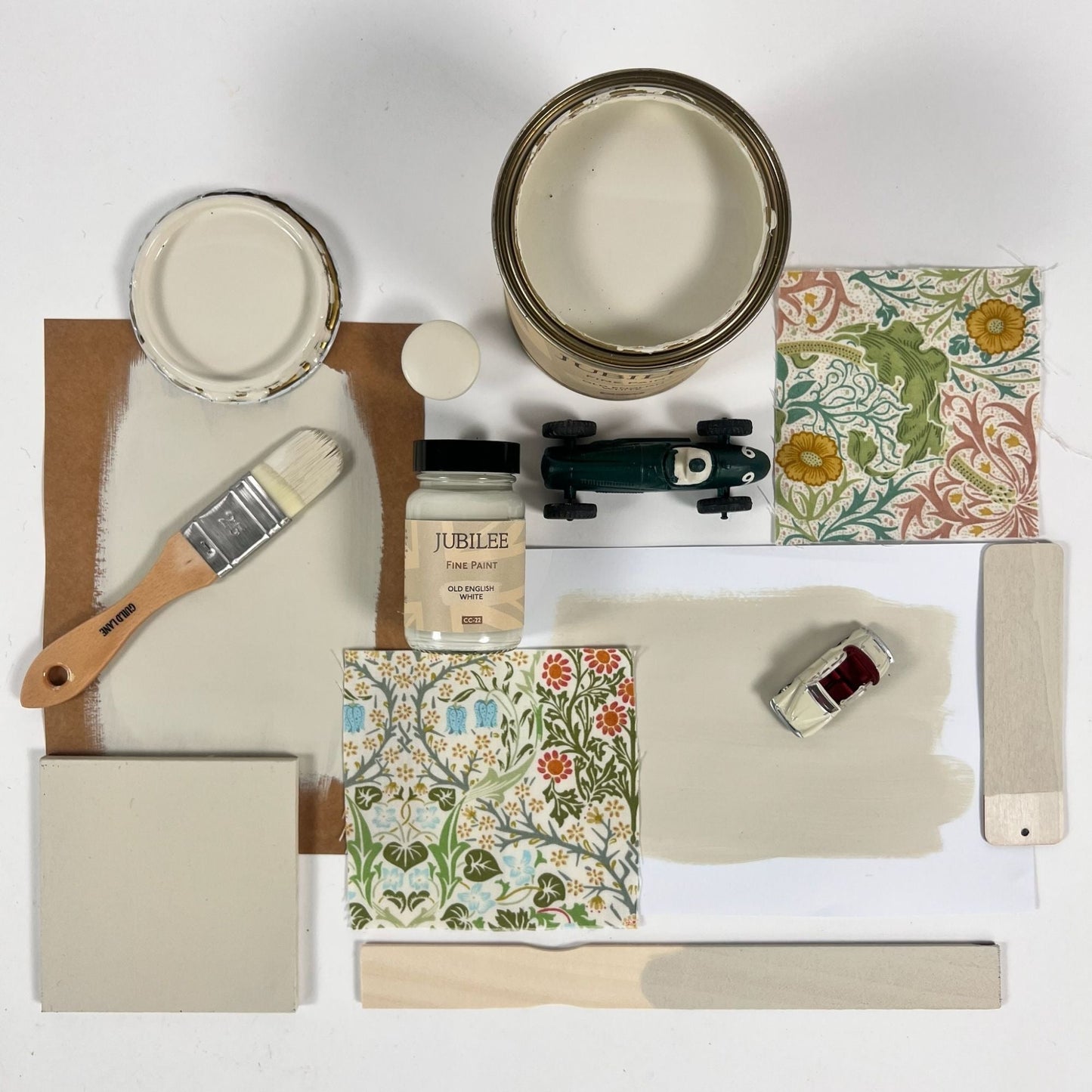 old english white flat lay