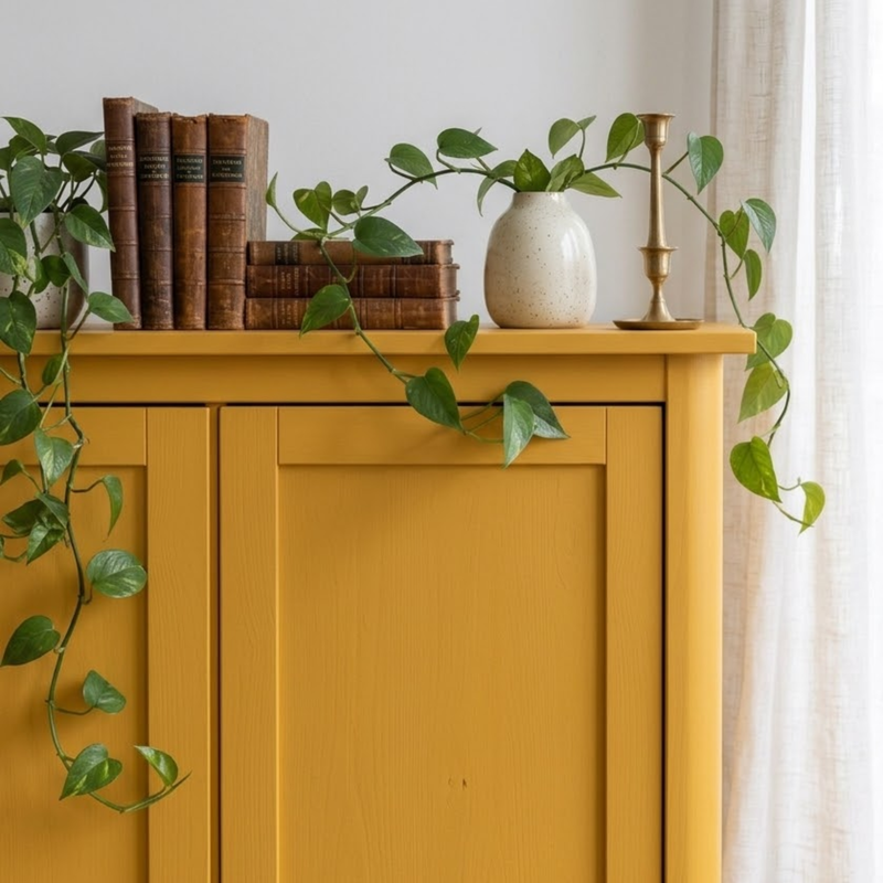 Close up of a cabinet painted in Oxford Ochre paint with a trailing plant hanging over the edge