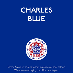 
                      
                        Charles Blue colour card with the King Charles official Coronation colours emblem
                      
                    