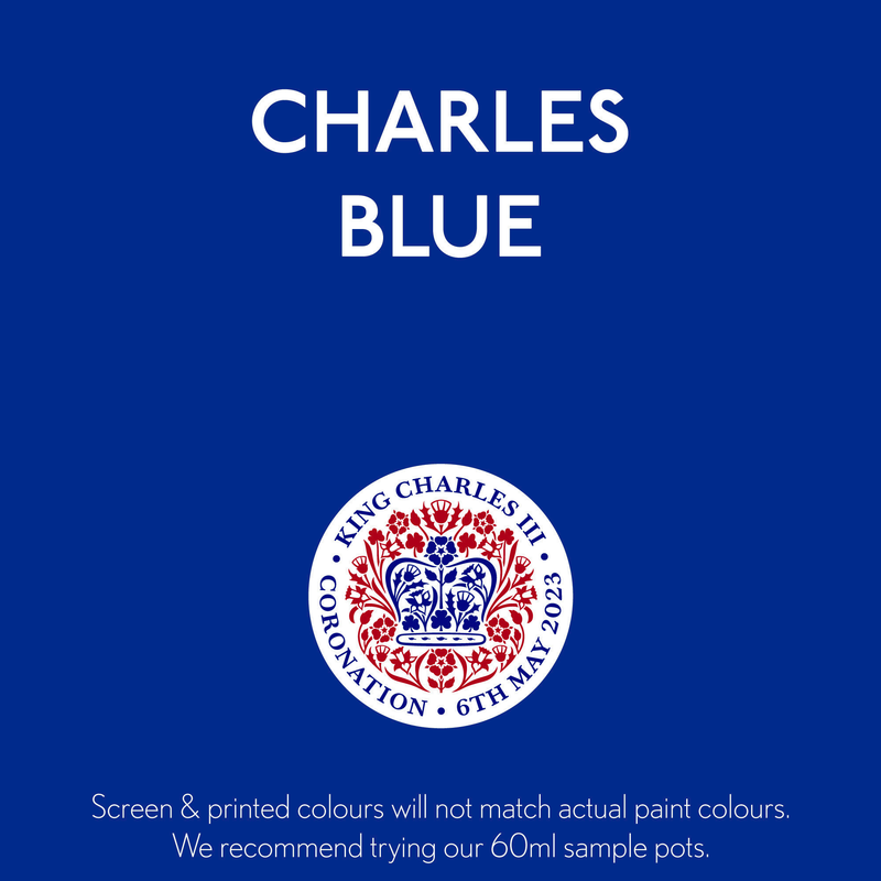 Charles Blue colour card with the King Charles official Coronation colours emblem