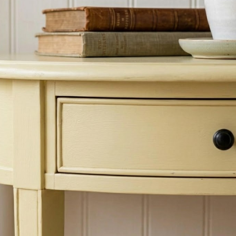 Close-up of a cream-colored wooden table with a single drawer and a round black knob, styled with two vintage books and a white ceramic bowl against a white paneled wall.