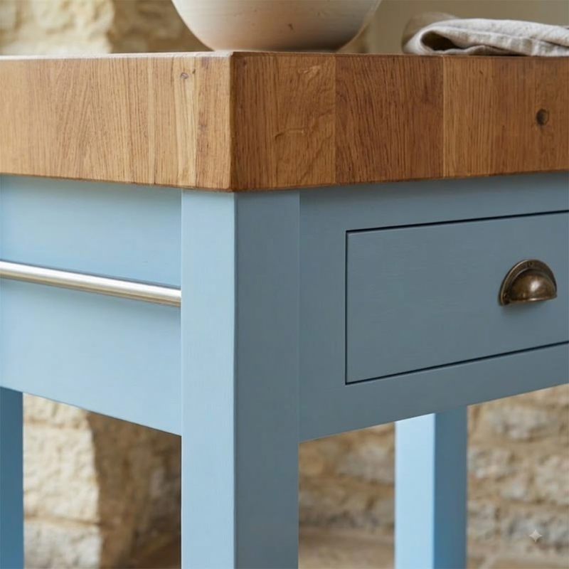 A close-up of a painted wooden table with a light blue body, a natural oak wood top, a drawer with a brass pull, and a metal drawer front handle, set against a rustic stone wall background.