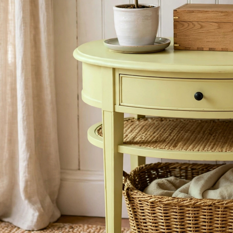 The edge of a small side table painted in pale primrose paint