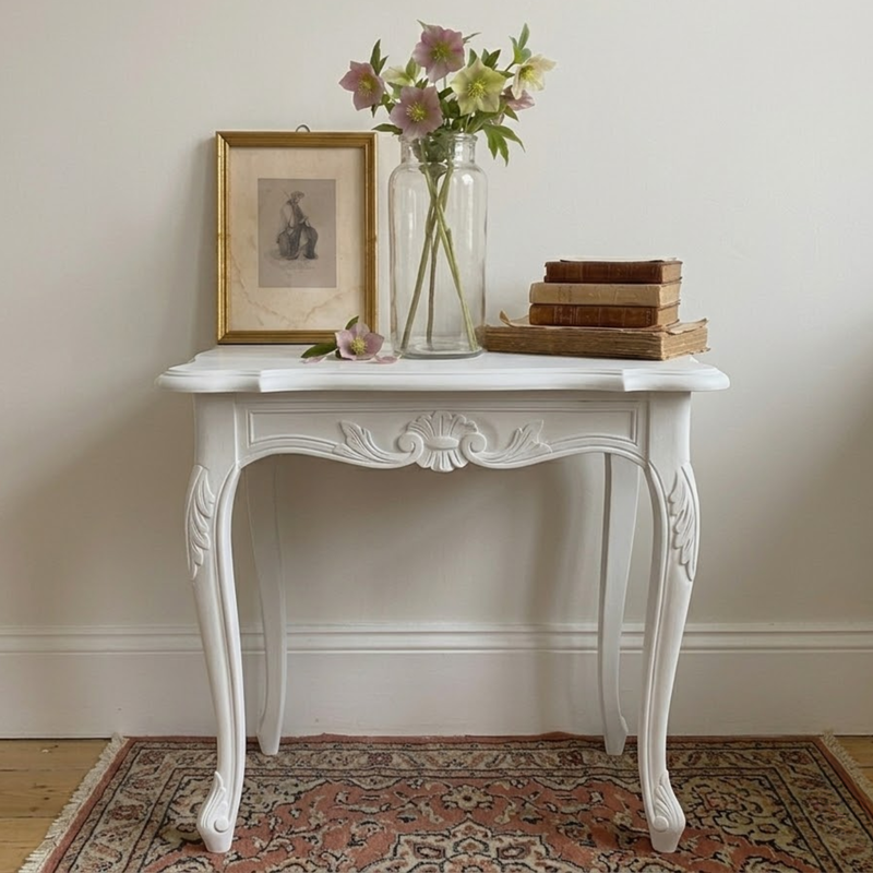 A white carved console table with cabriole legs, styled with a gold-framed picture, a glass vase with flowers, and a stack of vintage books, set against a neutral wall on a patterned rug.