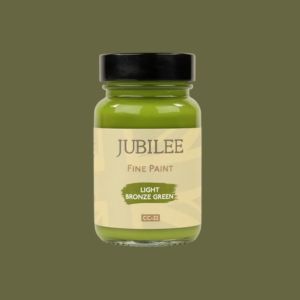 Jubilee Fine Paint jar labeled 'Light Bronze Green' on a green background