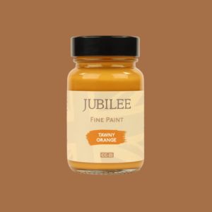 Jubilee Fine Paint jar labeled 'Tawny Orange' on an orange background