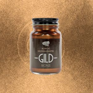 Jar of acrylic gilding enamel labelled 'Gild Bronze' on a gold background