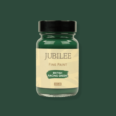 Jubilee Fine Paint bottle labeled 'British Racing Green' on a green background