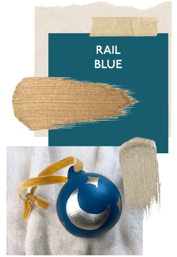 Collage of 'Rail Blue' paint swatch with a blue decorative item on a white background
