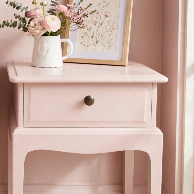 Close up of a pale pink side table with one drawer in a stag minstrel style. Painted in Jubilee Shell Pink