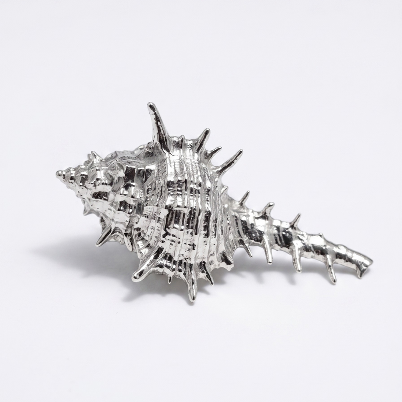 Chrome painted mirror effect shell with spiky texture on a light grey background