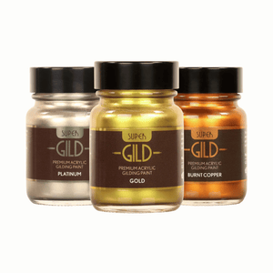 
                      
                        Trio of Super GILD Paint jars in gold platinum and burnt copper metallic colours
                      
                    