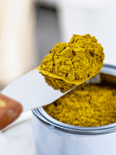 Close-up of a spoonful of gold pigment over a container of the same powder.
