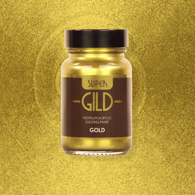 Jar of Super Gild gold acrylic gilding paint on a gold background