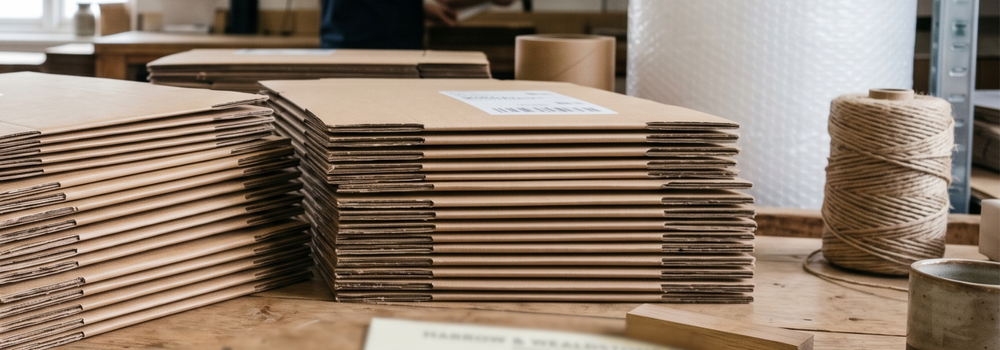 Stacks of cardboard boxes on a wooden floor in an indoor setting