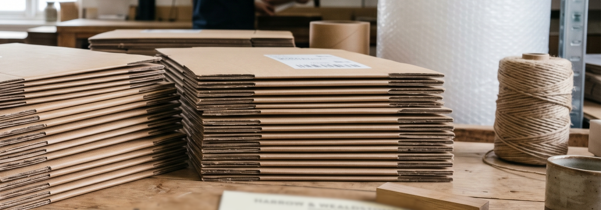 Stacks of cardboard boxes on a wooden floor in an indoor setting